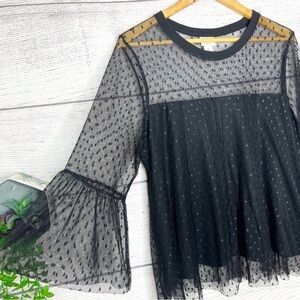 Mossimo Supply Co. Black Sheer Dot Mesh Bell-Sleeve Top